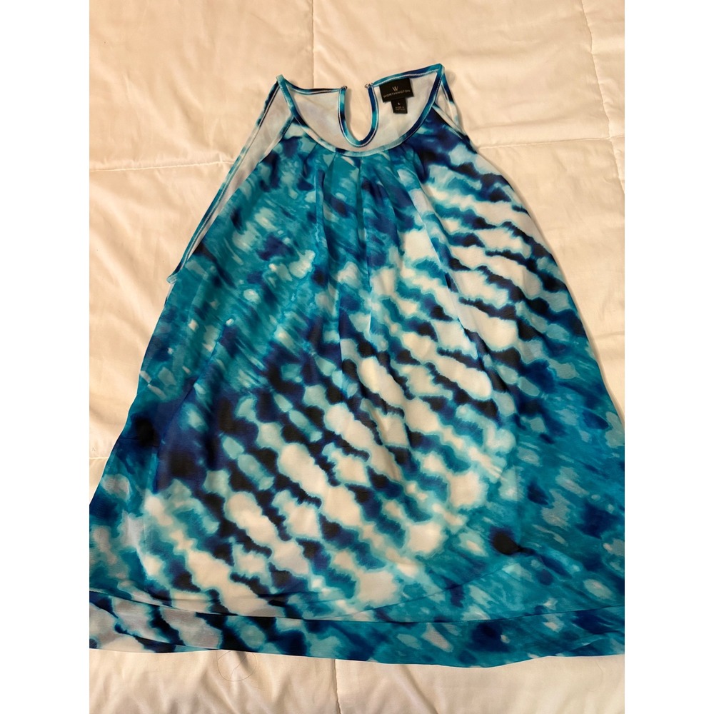 Worthington Blue Tie Dye Halter Neck Pleated Blouse Top Large